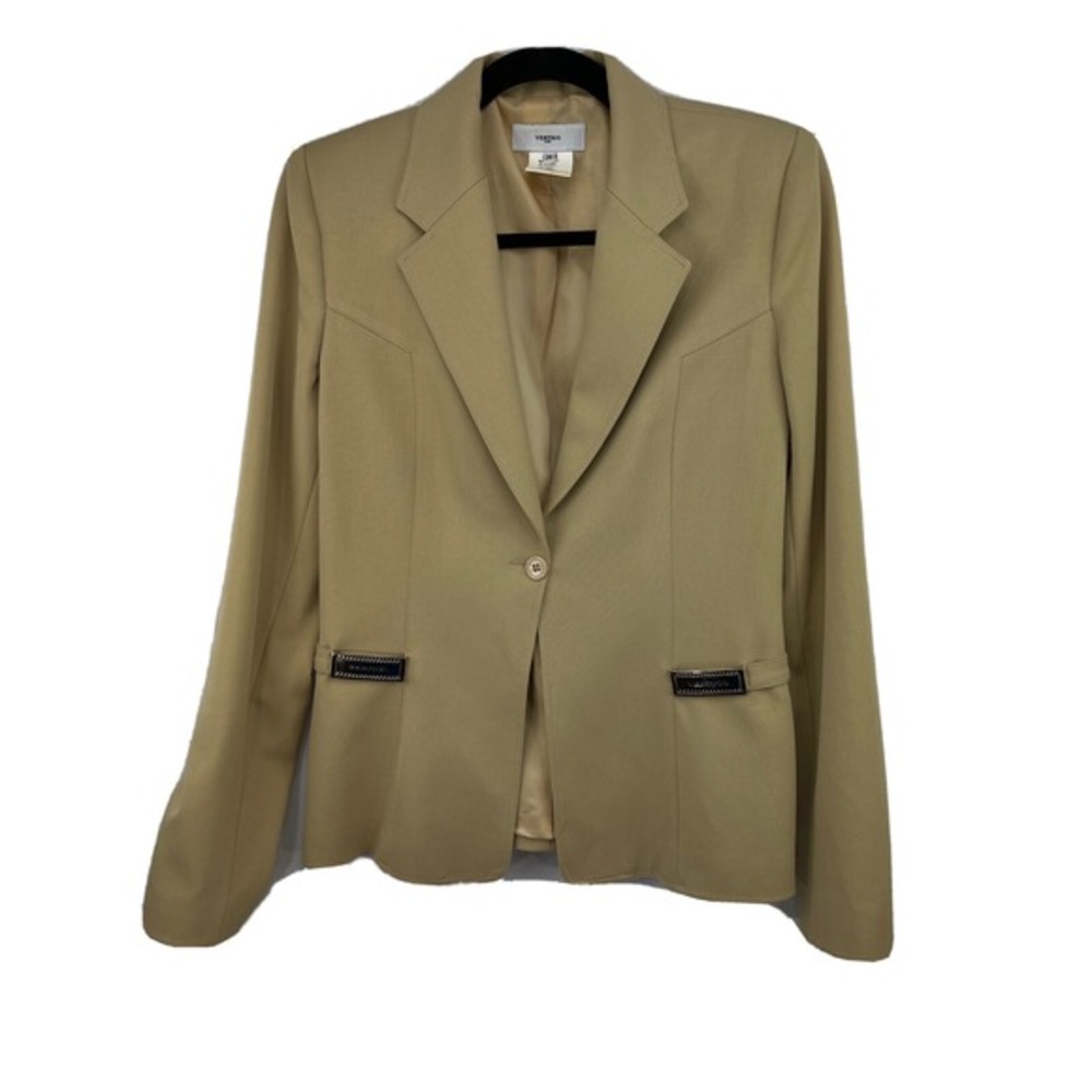 Vertigo Paris Work Business Blazer Jacket Long‎ Sleeves BeltMade in France Tan L